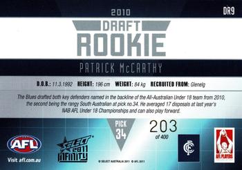 2011 Select AFL Infinity - Draft Rookies #DR9 Patrick McCarthy Back